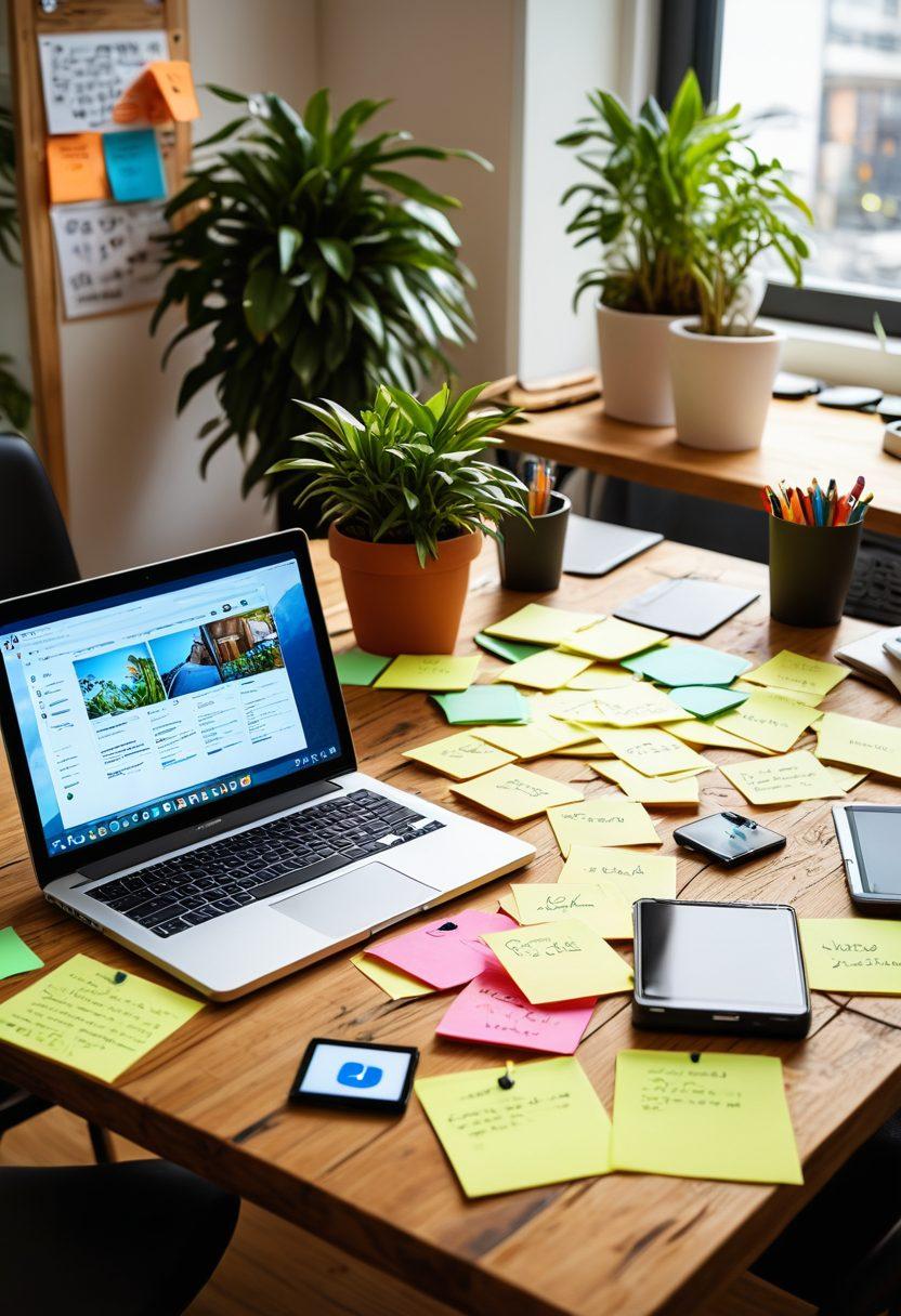 A creative workspace featuring a large wooden table with various digital devices like laptops and tablets displaying analytics and social media posts. Surrounding are colorful sticky notes labeled with keywords, SEO strategies, and social media icons, while a brainstorming session is in progress with diverse team members collaborating. A bright plant on the side adds a touch of nature. super-realistic. vibrant colors. bright background.