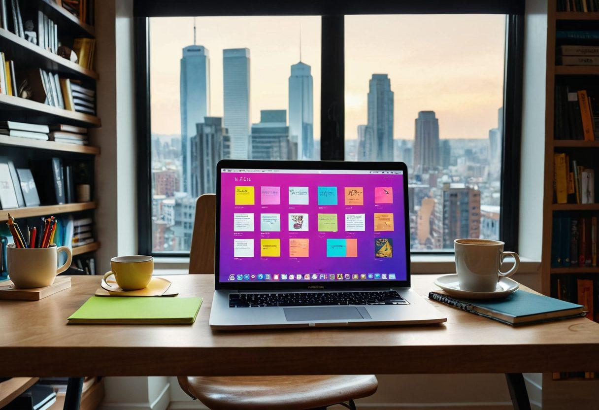 A creative workspace featuring a laptop with a vibrant, glowing screen displaying a blog interface, surrounded by colorful sticky notes and a steaming cup of coffee. In the background, shelves filled with books about writing and digital marketing, and a window showing a bright, inspiring cityscape. The overall ambiance is modern and inviting, inspiring successful blogging. super-realistic. vibrant colors. 3D.