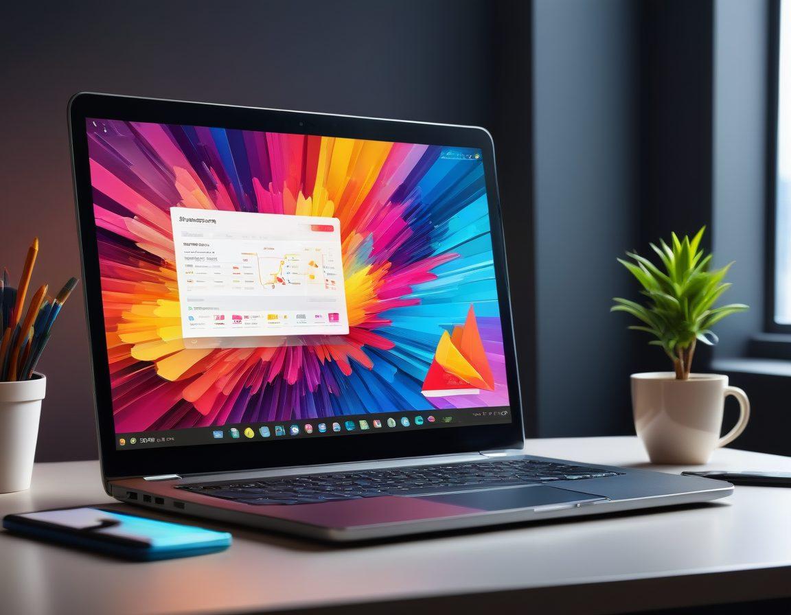 A modern digital workspace filled with dynamic elements representing online promotion: a laptop displaying an engaging blog, colorful charts showing optimization metrics, and social media icons floating around. Include a vibrant abstract backdrop symbolizing growth and creativity, with rays of light emanating to symbolize inspiration and success. super-realistic. vibrant colors. 3D.